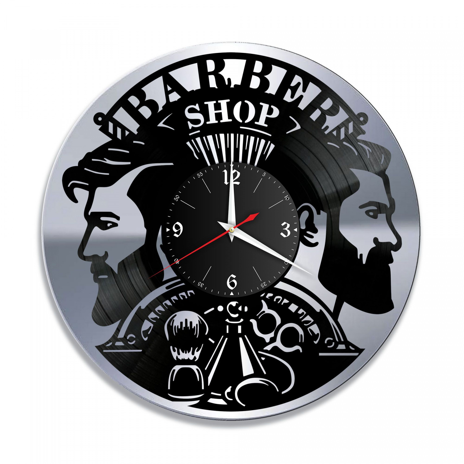 Часы настенные "Парикмахерская (Барбершоп), серебро" из винила, №15 VC-11018-2