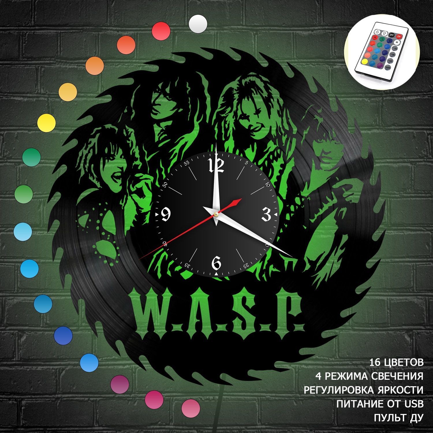 Часы с подсветкой "группа WASP" из винила, №1 VC-10176-RGB