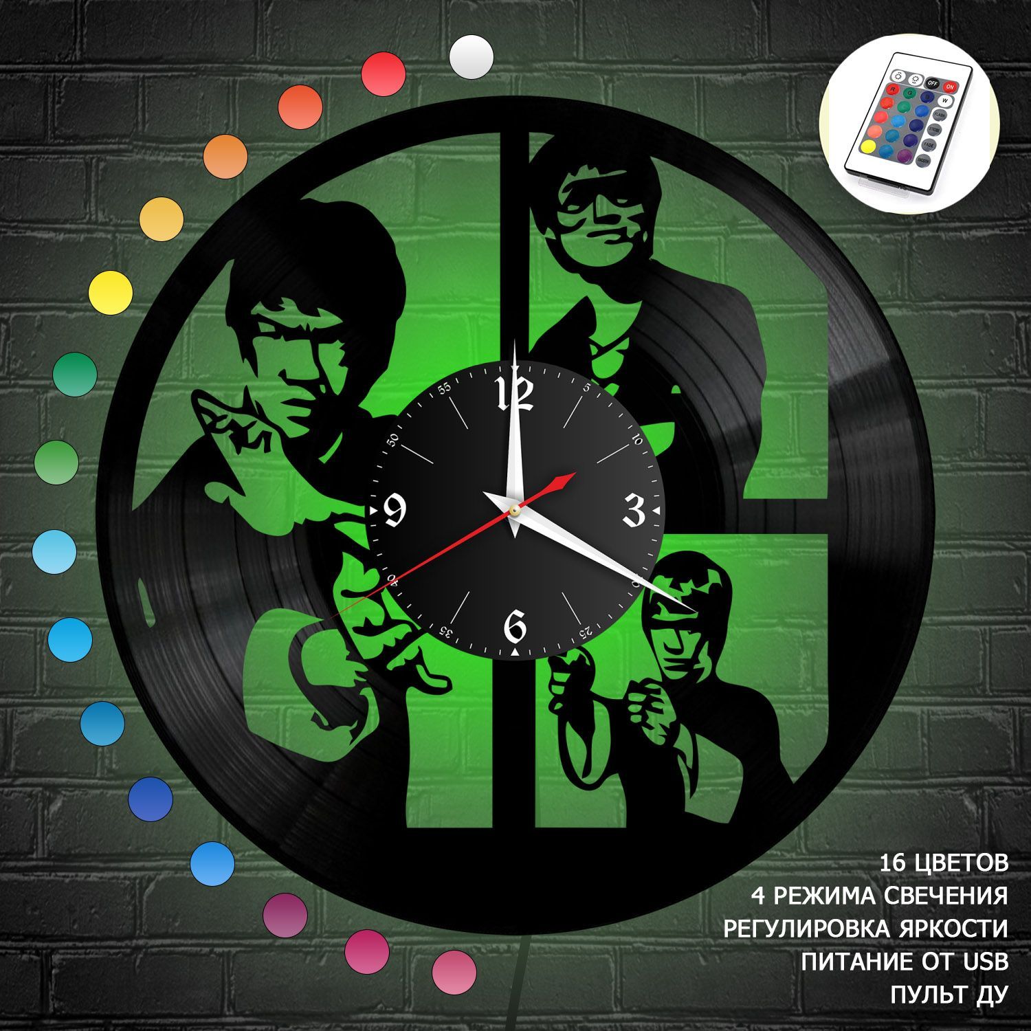 Часы с подсветкой "Брюс Ли (Bruce Lee)" из винила, №1 VC-10733-RGB