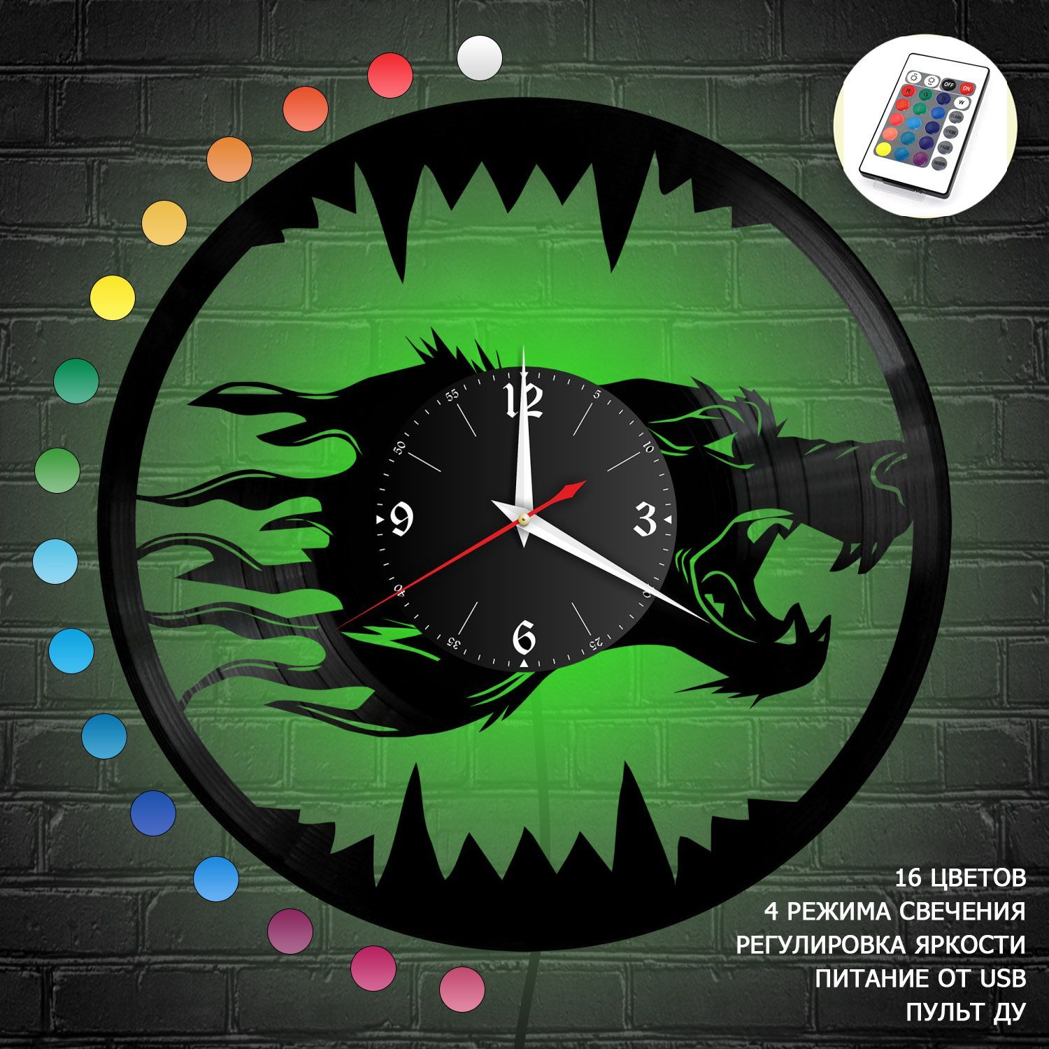 Часы с подсветкой "Волк" из винила, №2 VC-10707-RGB