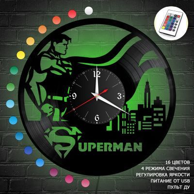 Часы с подсветкой "Супермен (Superman)" из винила, №1