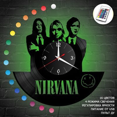 Часы с подсветкой "Группа Нирвана (Nirvana)" из винила, №R1