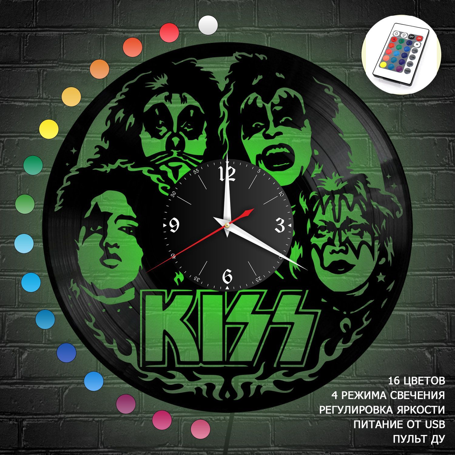 Часы с подсветкой "группа KISS" из винила, №1 VC-10103-RGB