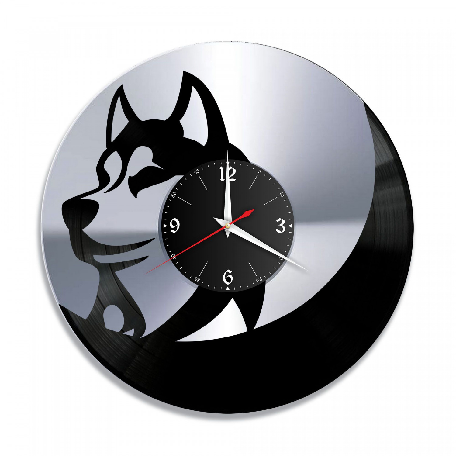 Часы настенные "Собака (Хаски), серебро" из винила, №6 VC-10907-2