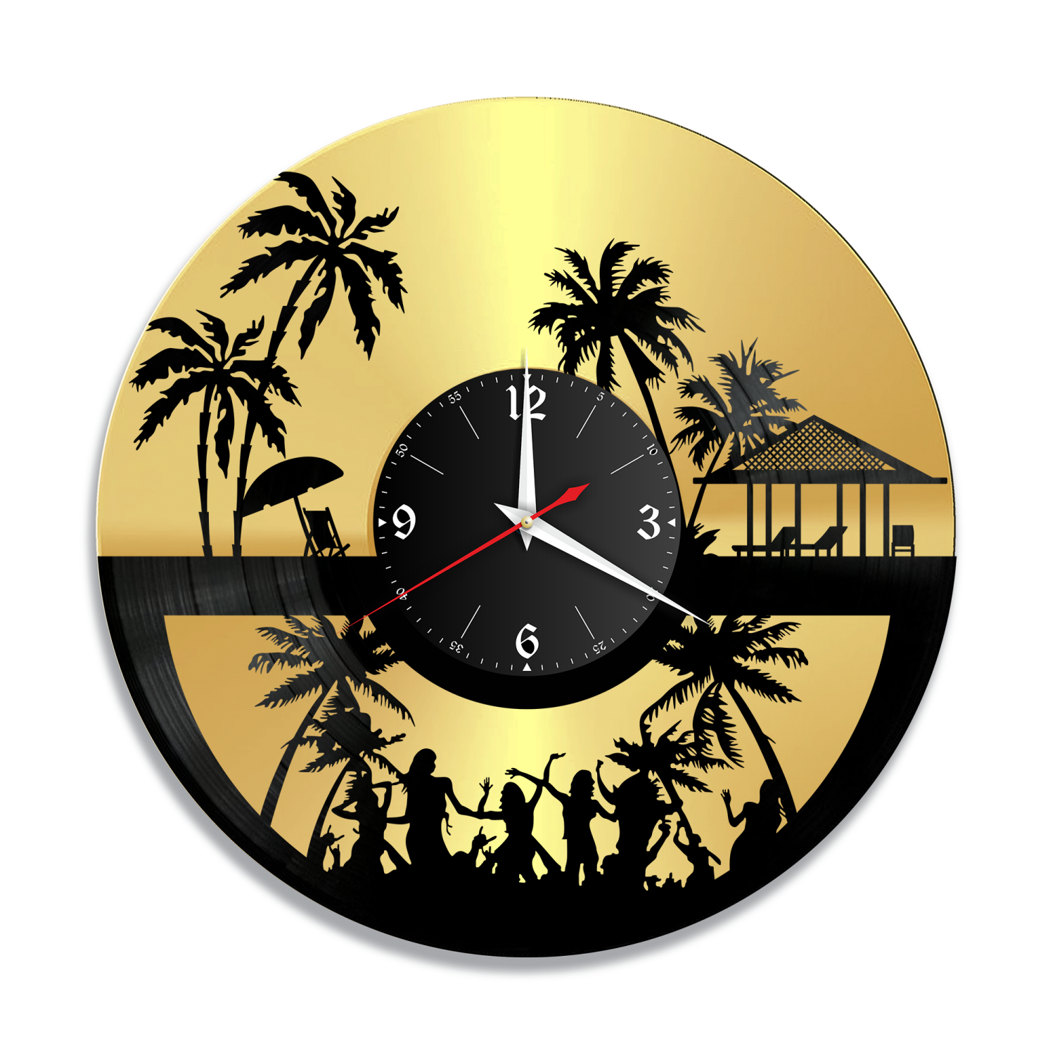 Часы настенные "Вечеринка. Пальмы, золото" из винила, №R1 VC-12108-1