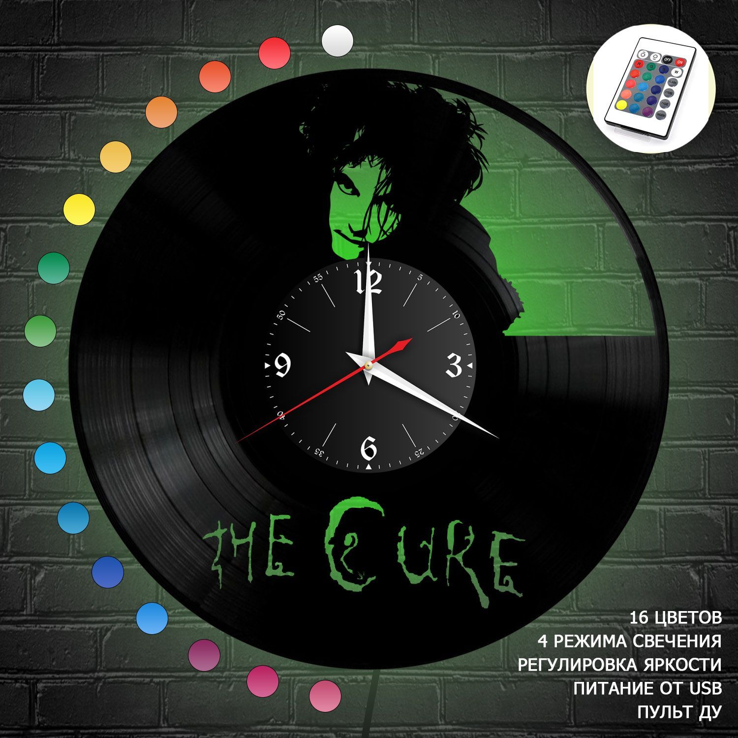 Часы с подсветкой "Группа Cure" из винила, №R1 VC-12116-RGB
