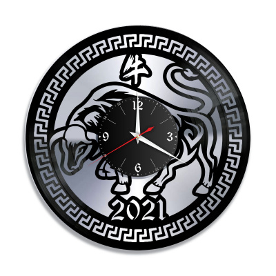 Часы настенные "Новый год 2021 (Бык), серебро" из винила, №2