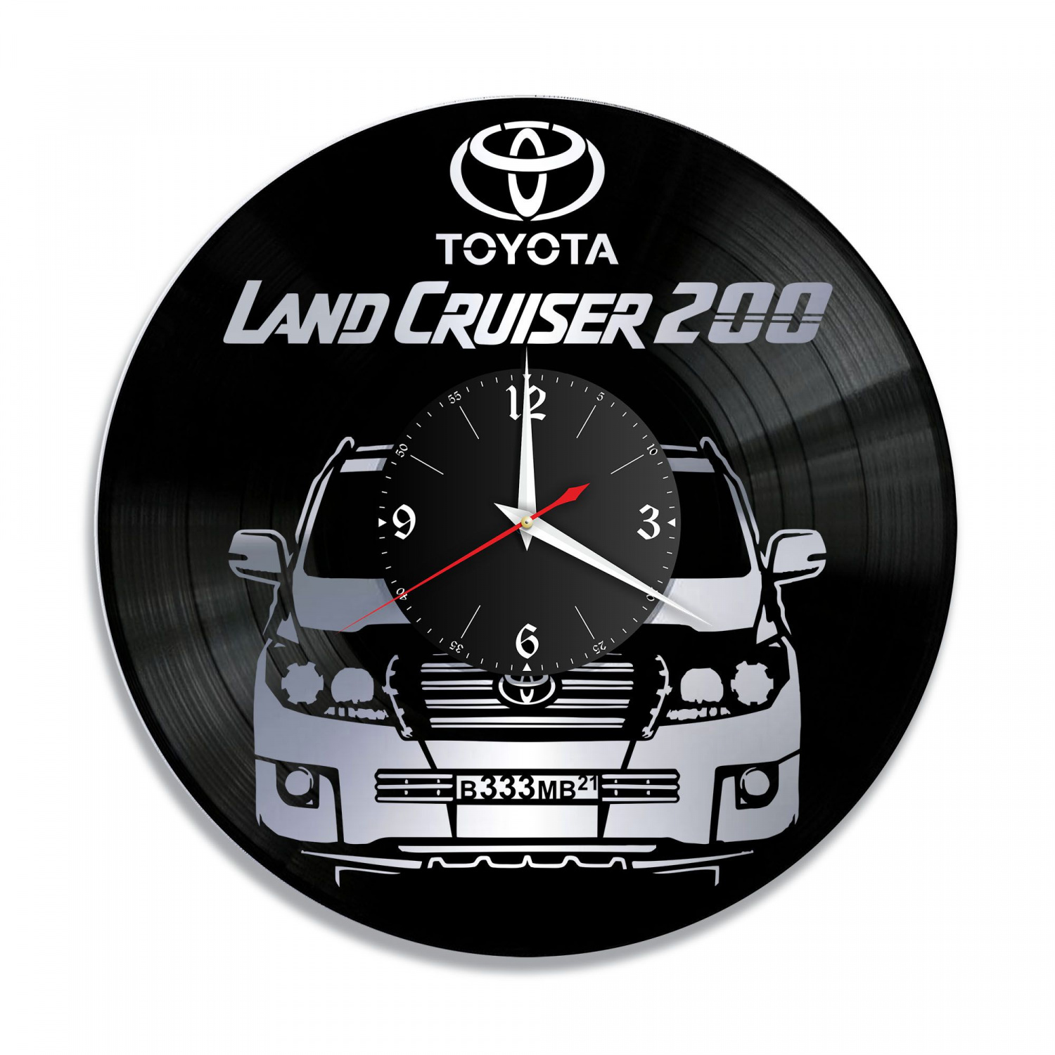 Часы настенные "Toyota Land Cruiser 200 (Ваш госномер), серебро" из винила, №2 VC-10429-2